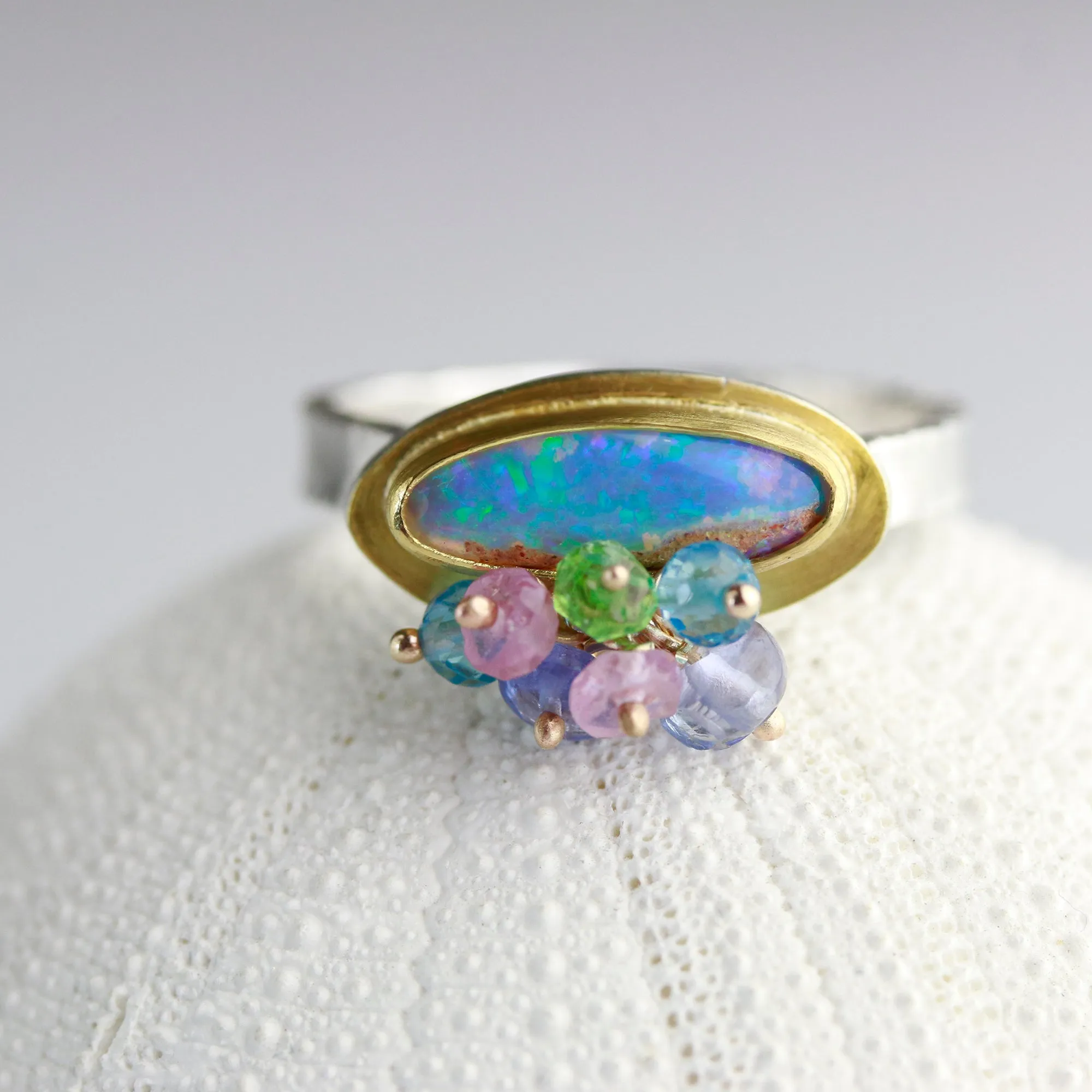 Slender Pipe Opal Ring with Fringe. Size 8