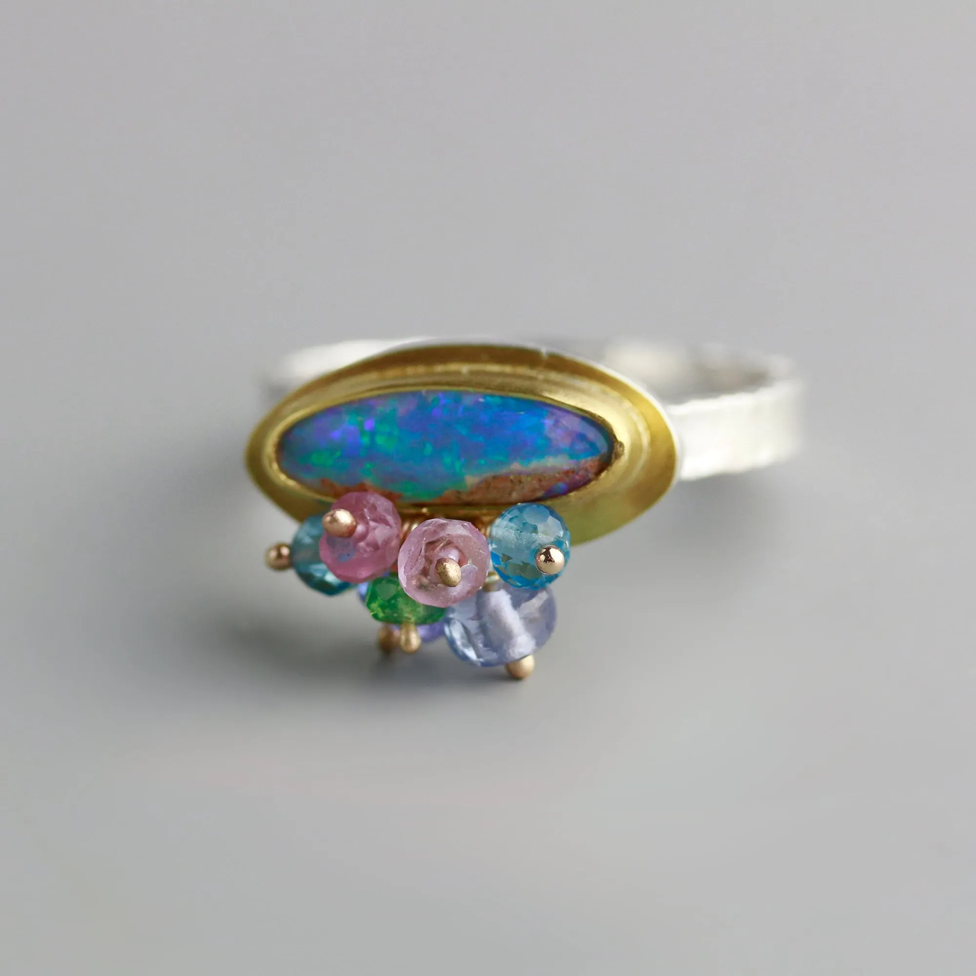 Slender Pipe Opal Ring with Fringe. Size 8
