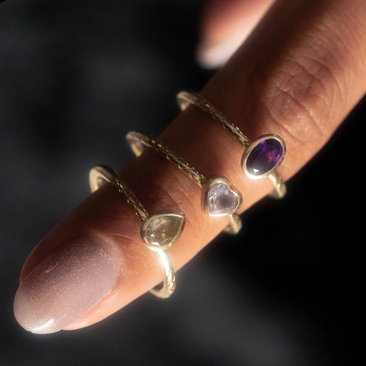 Solid Gold Amethyst Trio Ring Set