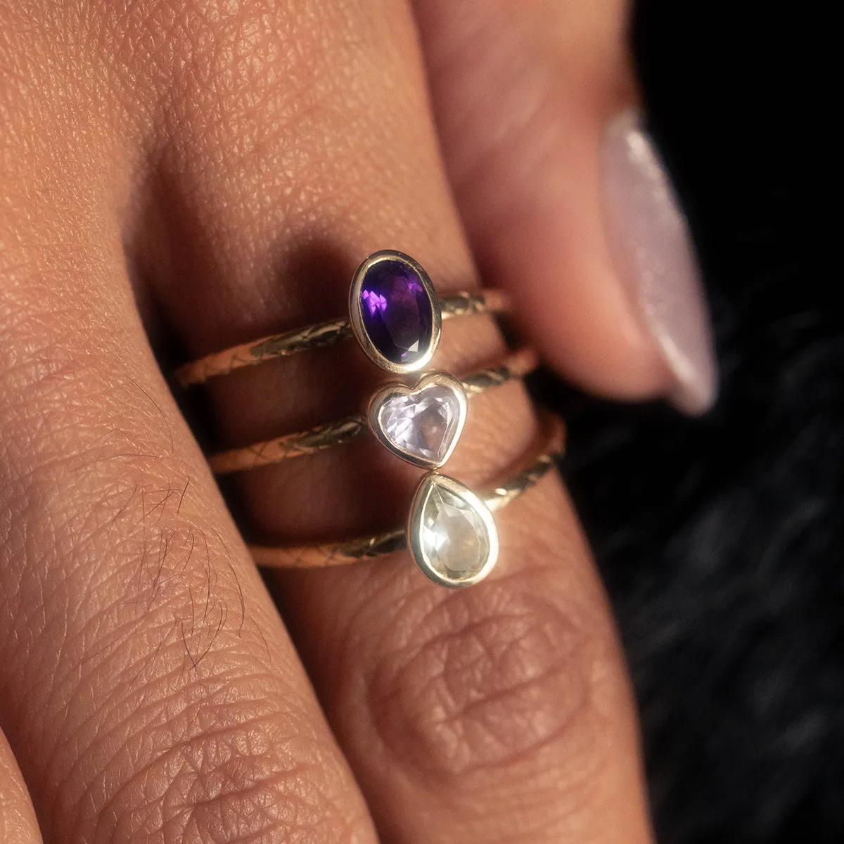Solid Gold Amethyst Trio Ring Set