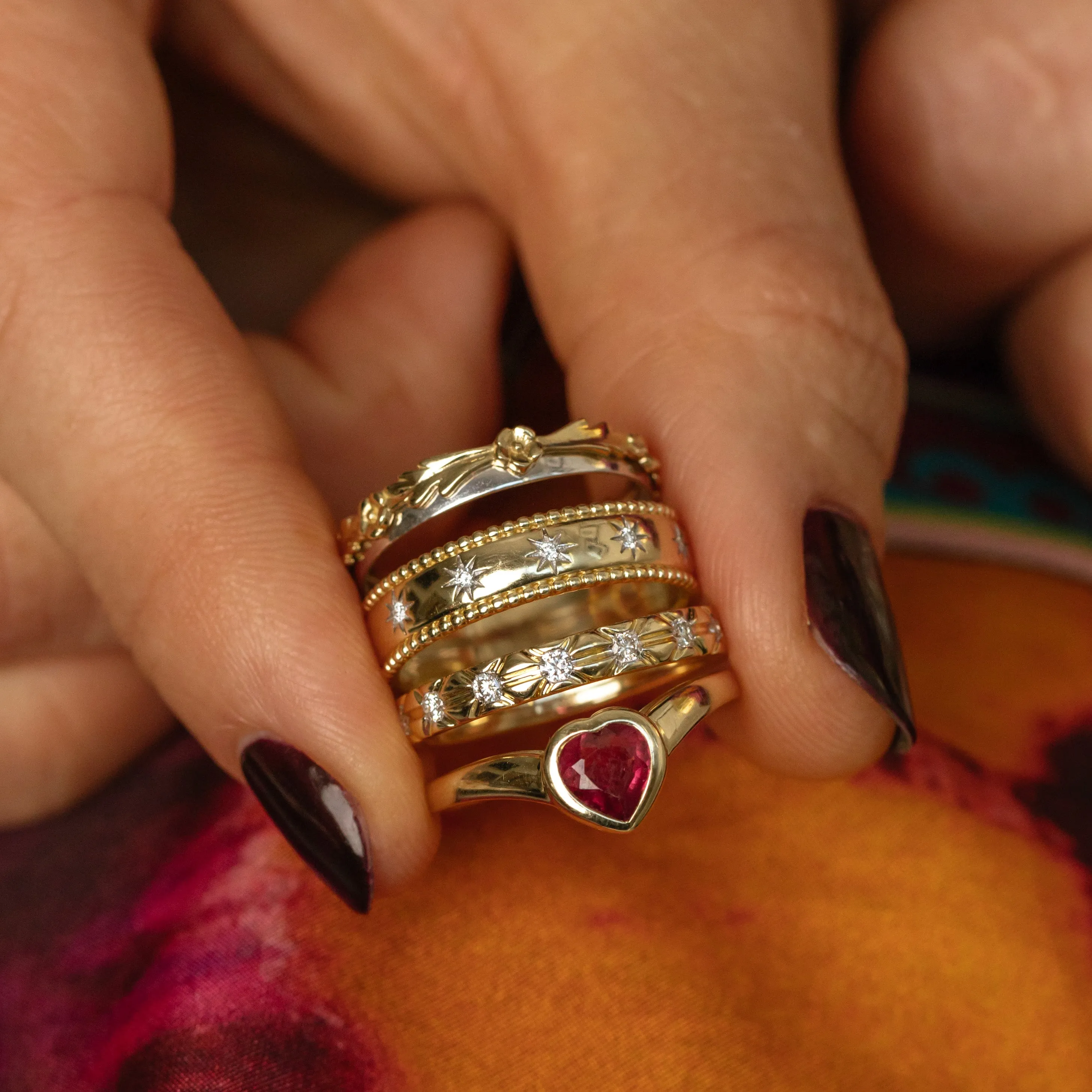 Solid Gold Bezel Set Ruby Heart Ring