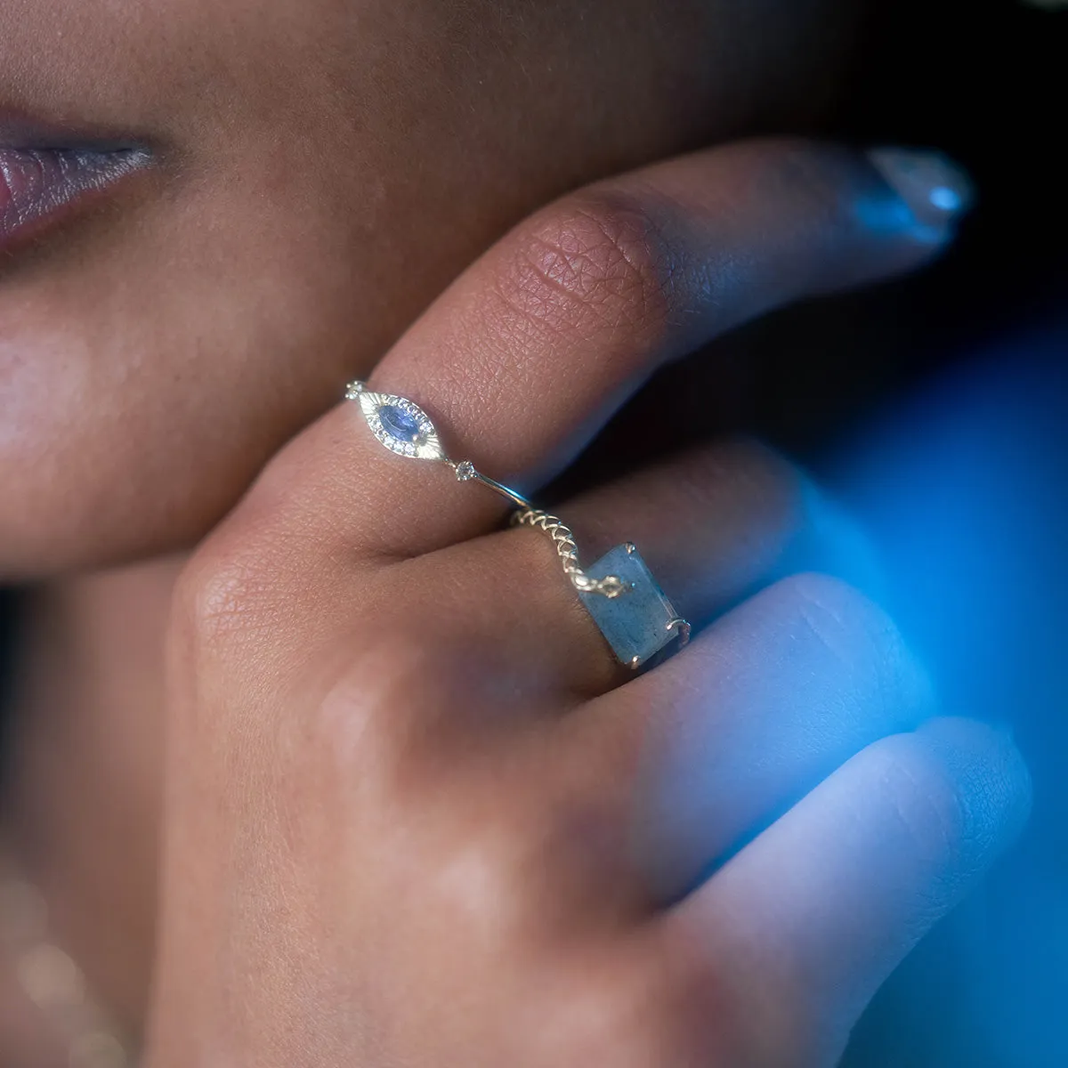 Solid Gold Iolite Evil Eye Ring