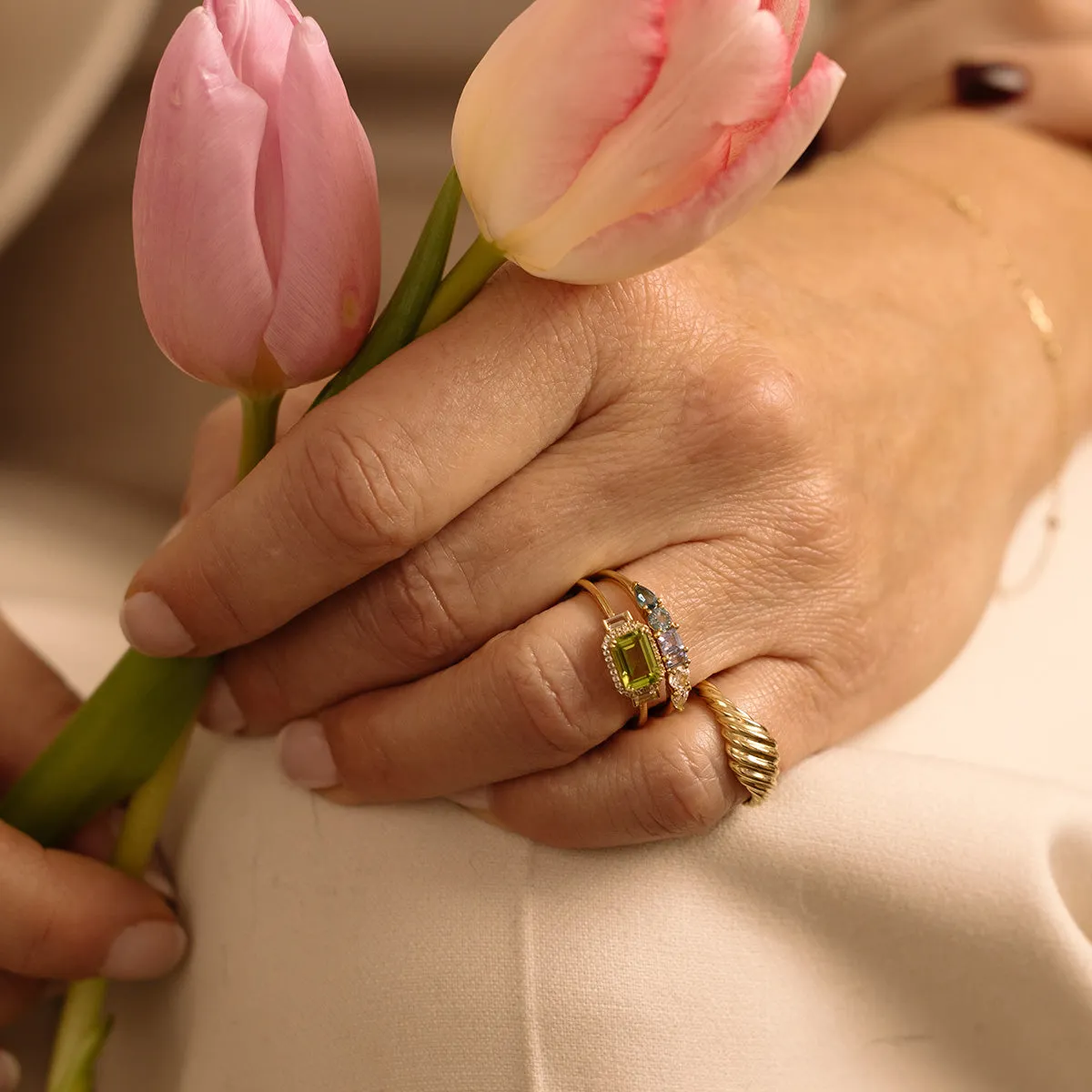 Solid Gold Vintage Inspired East West Peridot Ring