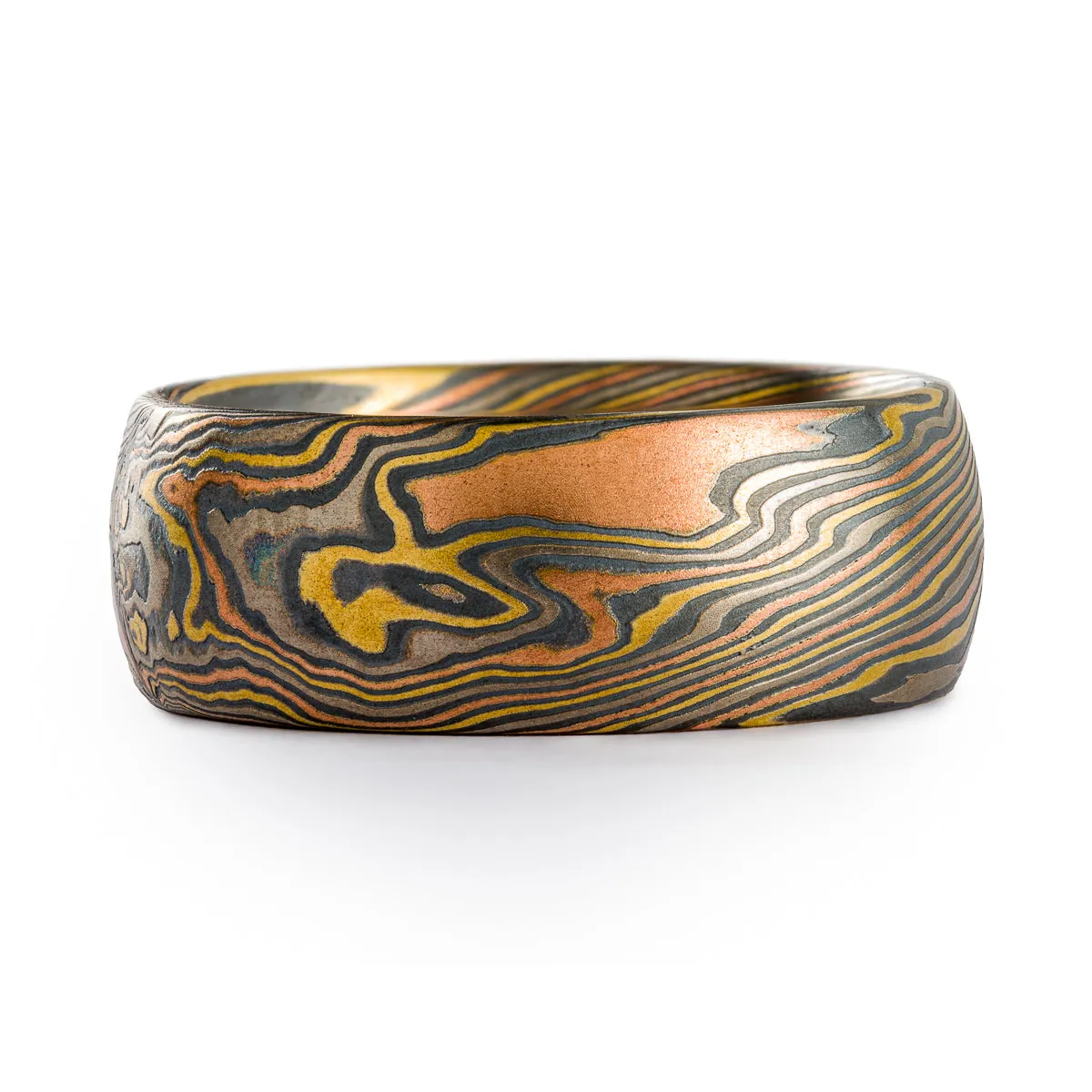 Specialty Mokume Gane Ring Set or Wedding Set in Firestorm Palette and Twist Pattern with Cathedral Set Diamond