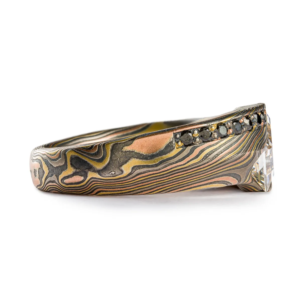 Specialty Mokume Gane Ring Set or Wedding Set in Firestorm Palette and Twist Pattern with Cathedral Set Diamond