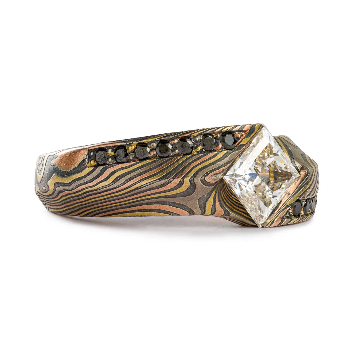 Specialty Mokume Gane Ring Set or Wedding Set in Firestorm Palette and Twist Pattern with Cathedral Set Diamond