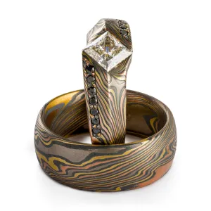 Specialty Mokume Gane Ring Set or Wedding Set in Firestorm Palette and Twist Pattern with Cathedral Set Diamond