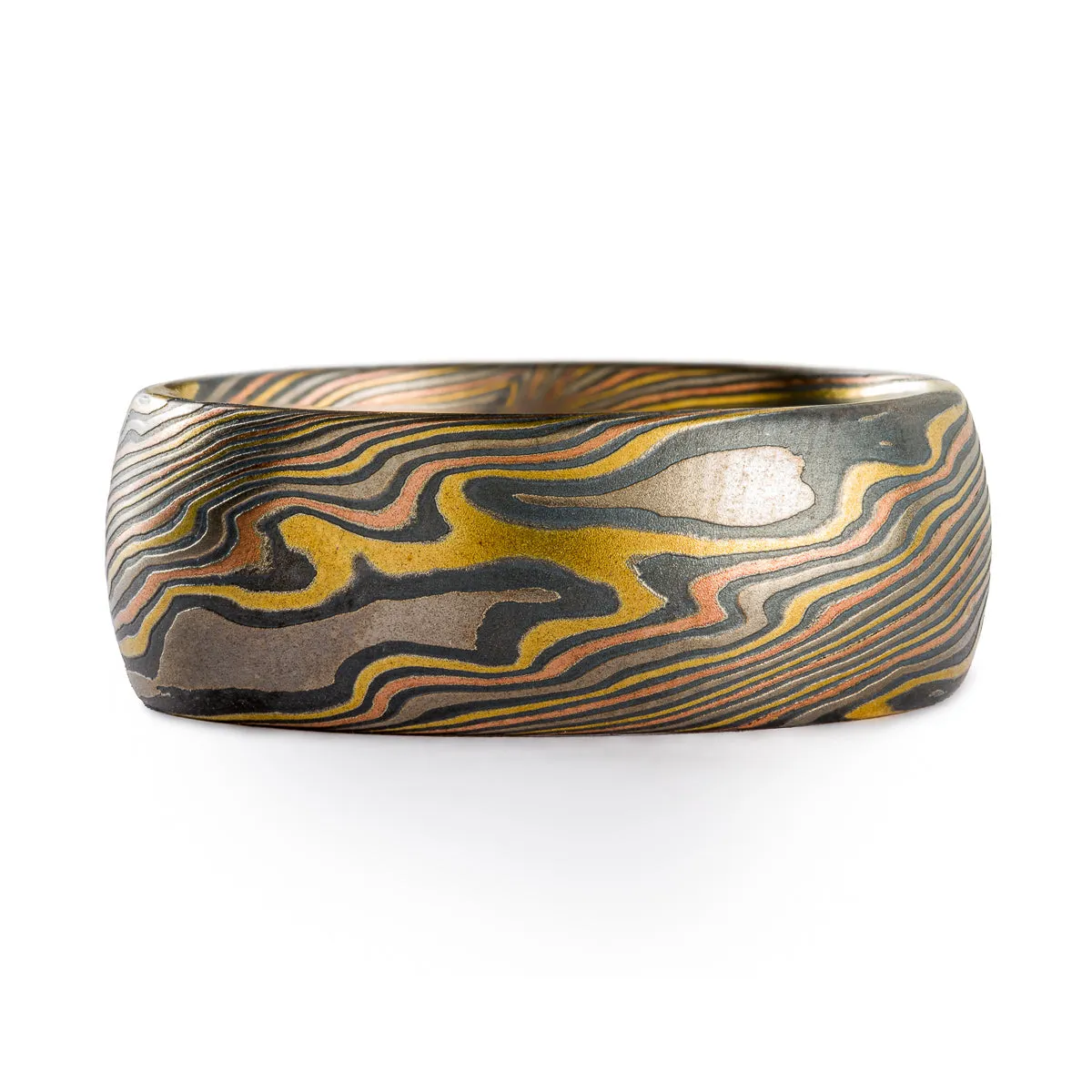 Specialty Mokume Gane Ring Set or Wedding Set in Firestorm Palette and Twist Pattern with Cathedral Set Diamond