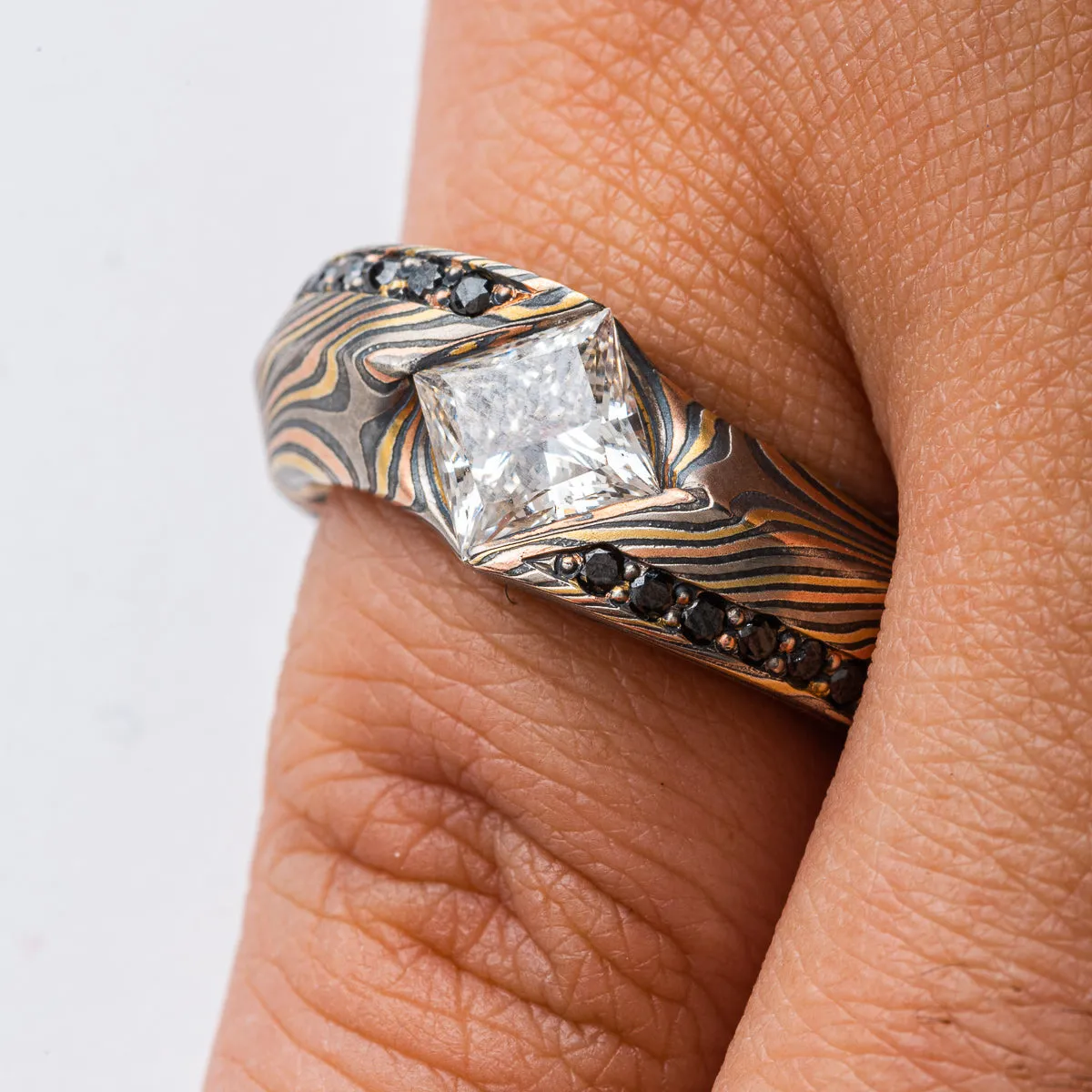 Specialty Mokume Gane Ring Set or Wedding Set in Firestorm Palette and Twist Pattern with Cathedral Set Diamond