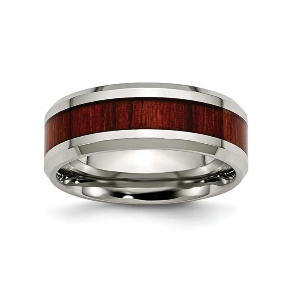 Stainless Steel (8mm) Red Koa Wood Inlay Enameled Band