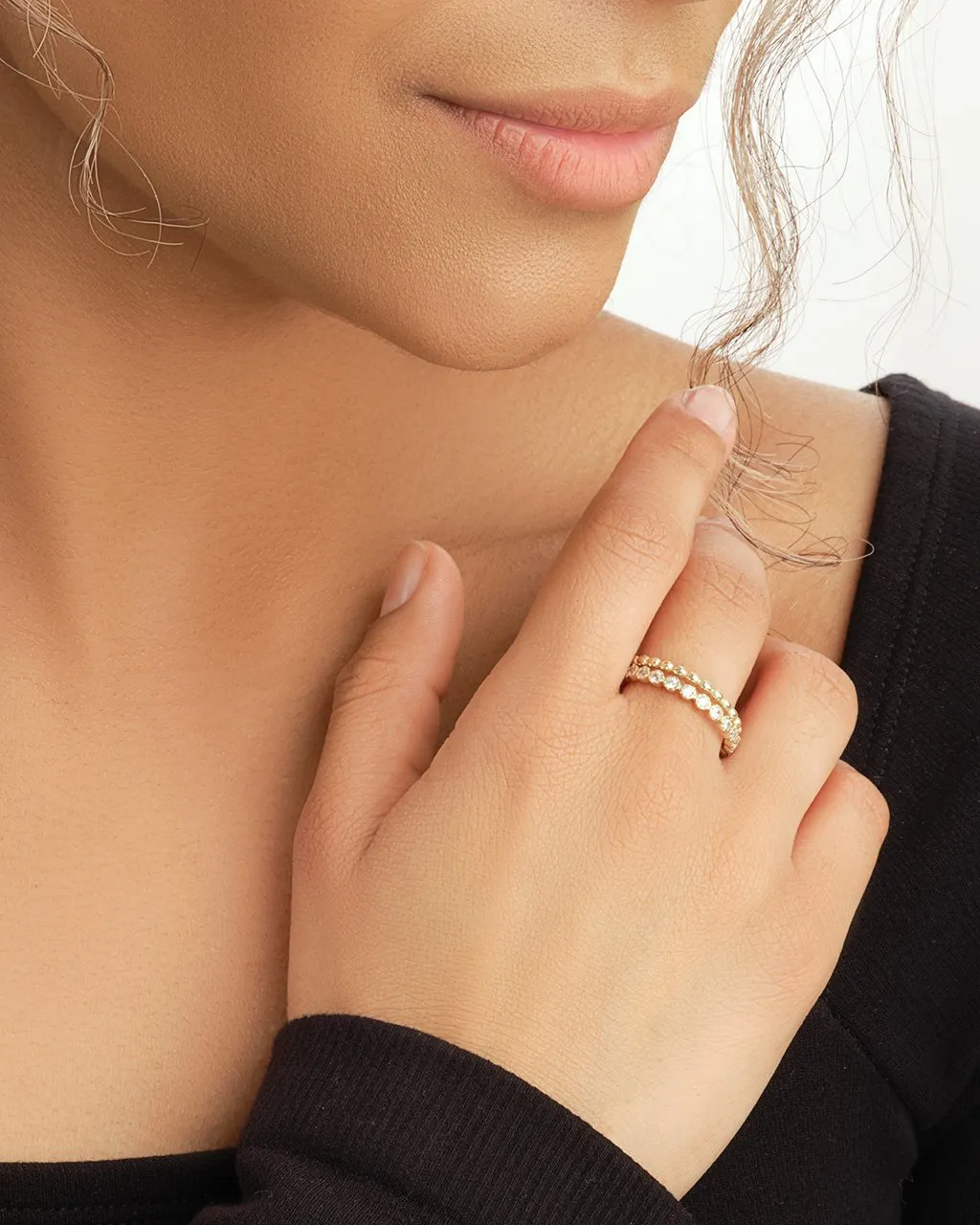 Sterling Silver Bezel Set CZ & Beaded Band Stackable Ring Set