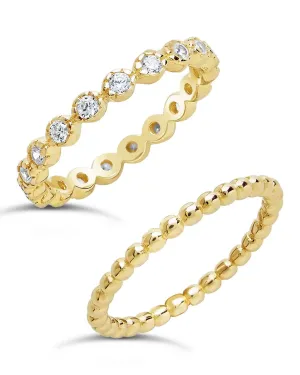 Sterling Silver Bezel Set CZ & Beaded Band Stackable Ring Set