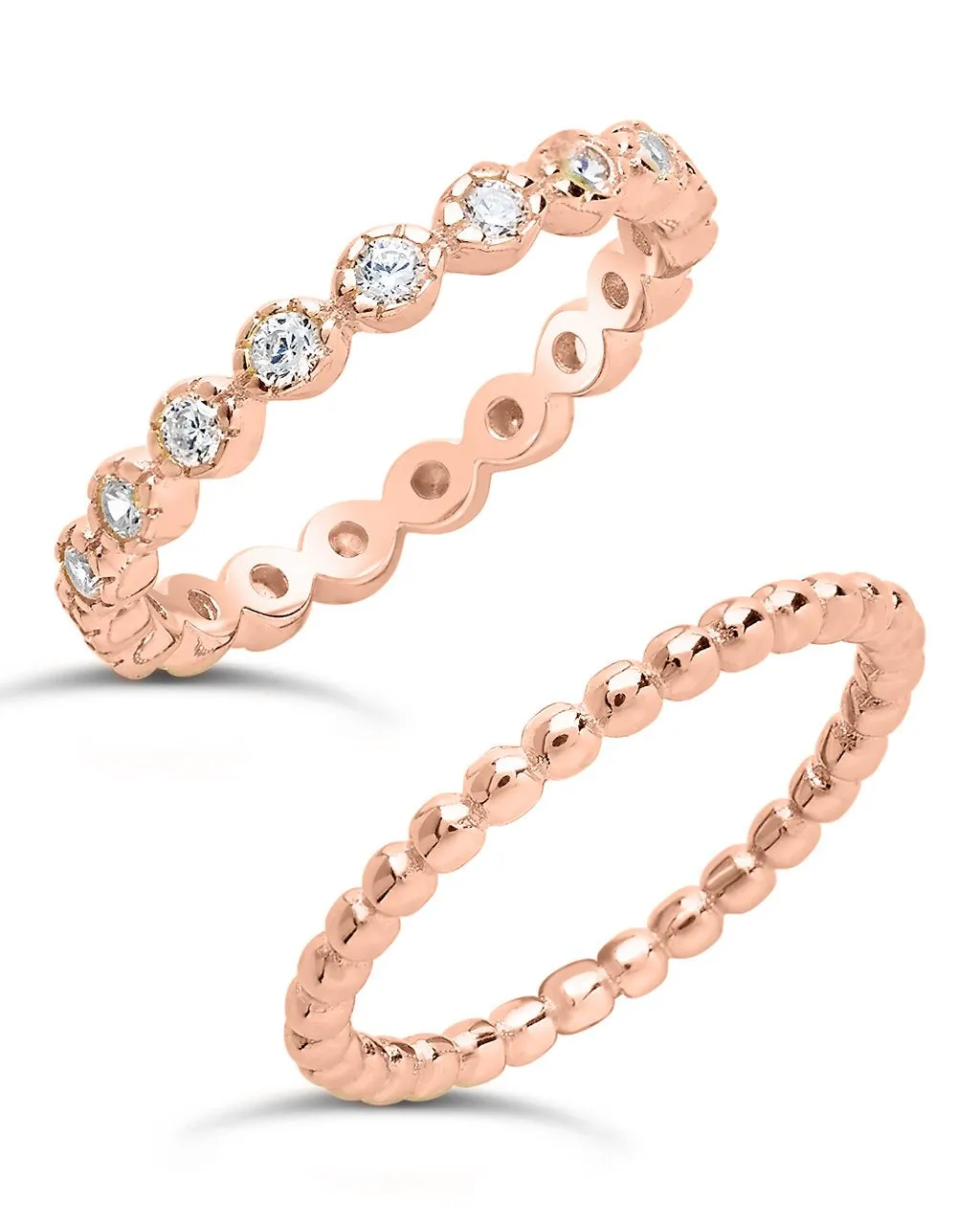 Sterling Silver Bezel Set CZ & Beaded Band Stackable Ring Set
