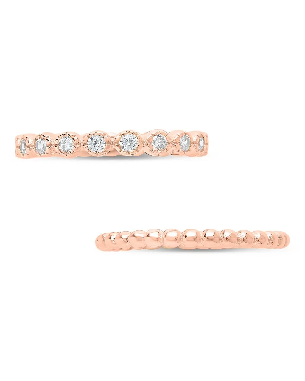 Sterling Silver Bezel Set CZ & Beaded Band Stackable Ring Set