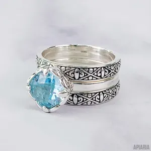 Sterling Silver Cushion Square Faceted Blue Topaz Stacked Rings - Set of 3