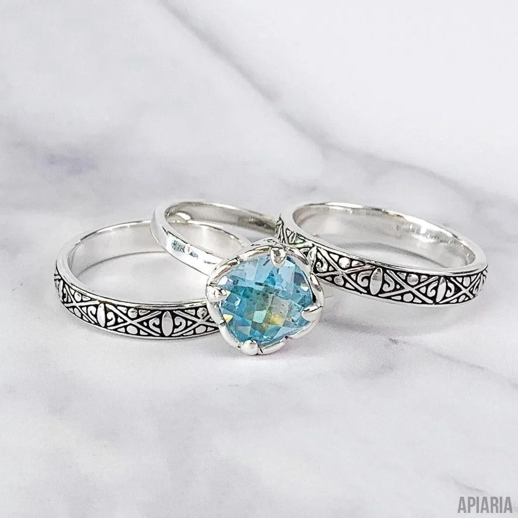 Sterling Silver Cushion Square Faceted Blue Topaz Stacked Rings - Set of 3