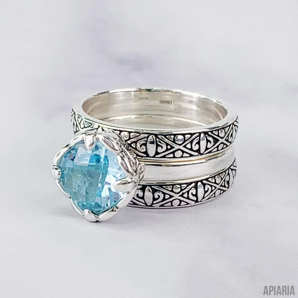 Sterling Silver Cushion Square Faceted Blue Topaz Stacked Rings - Set of 3
