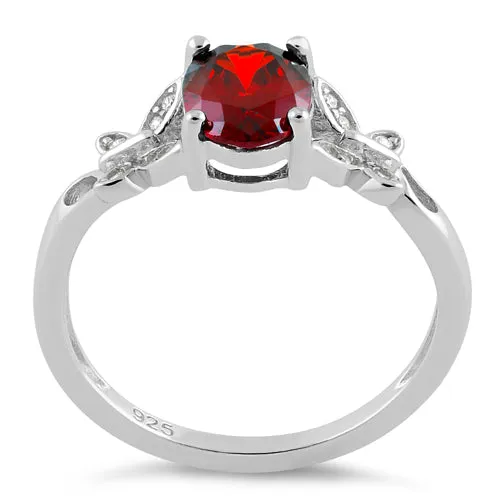 Sterling Silver Double Butterfly Garnet Center Stone CZ Ring