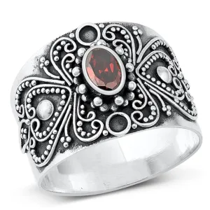Sterling Silver Garnet CZ Bali Thumb Ring