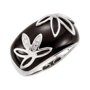 Sterling Silver Onyx & Diamond Accented Floral-Inspired Ring, Size 8