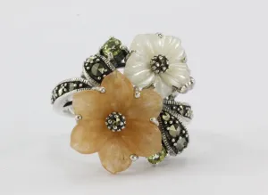 Sterling Silver Orange Jade, MOP, Peridot & Marcasite Hibiscus Flower Ring