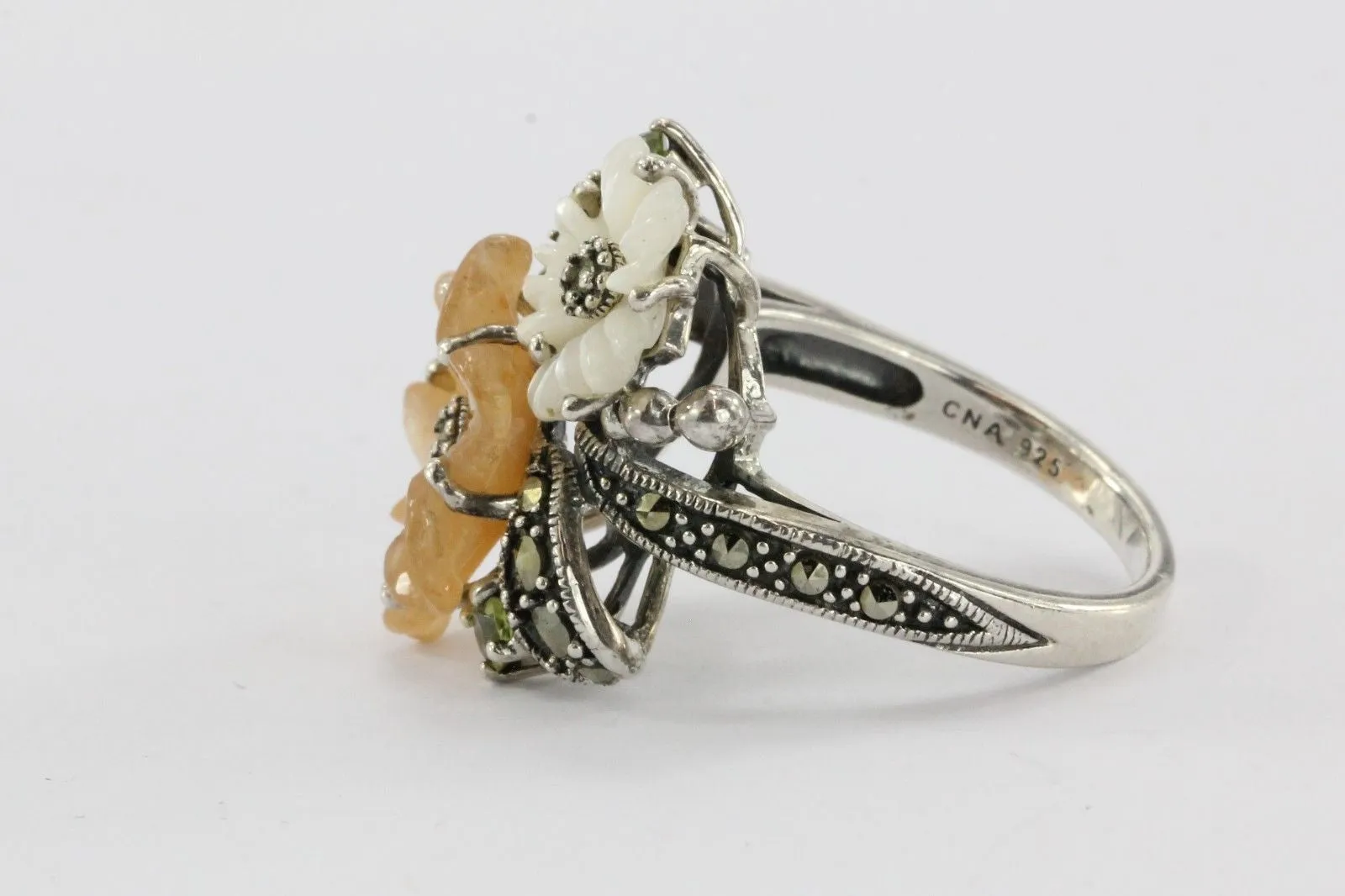 Sterling Silver Orange Jade, MOP, Peridot & Marcasite Hibiscus Flower Ring