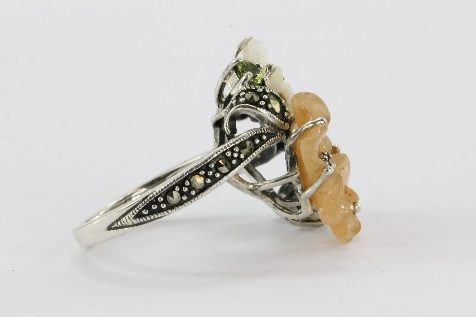 Sterling Silver Orange Jade, MOP, Peridot & Marcasite Hibiscus Flower Ring