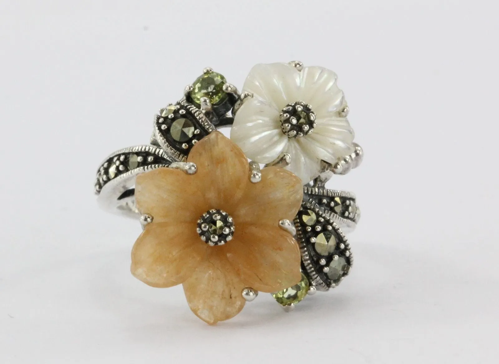 Sterling Silver Orange Jade, MOP, Peridot & Marcasite Hibiscus Flower Ring