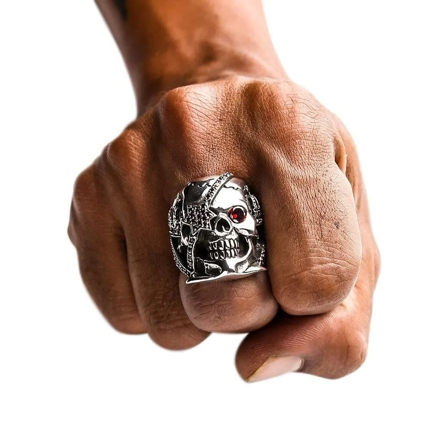Sterling Silver Red Garnet Eye Crown Pirate Skull Ring