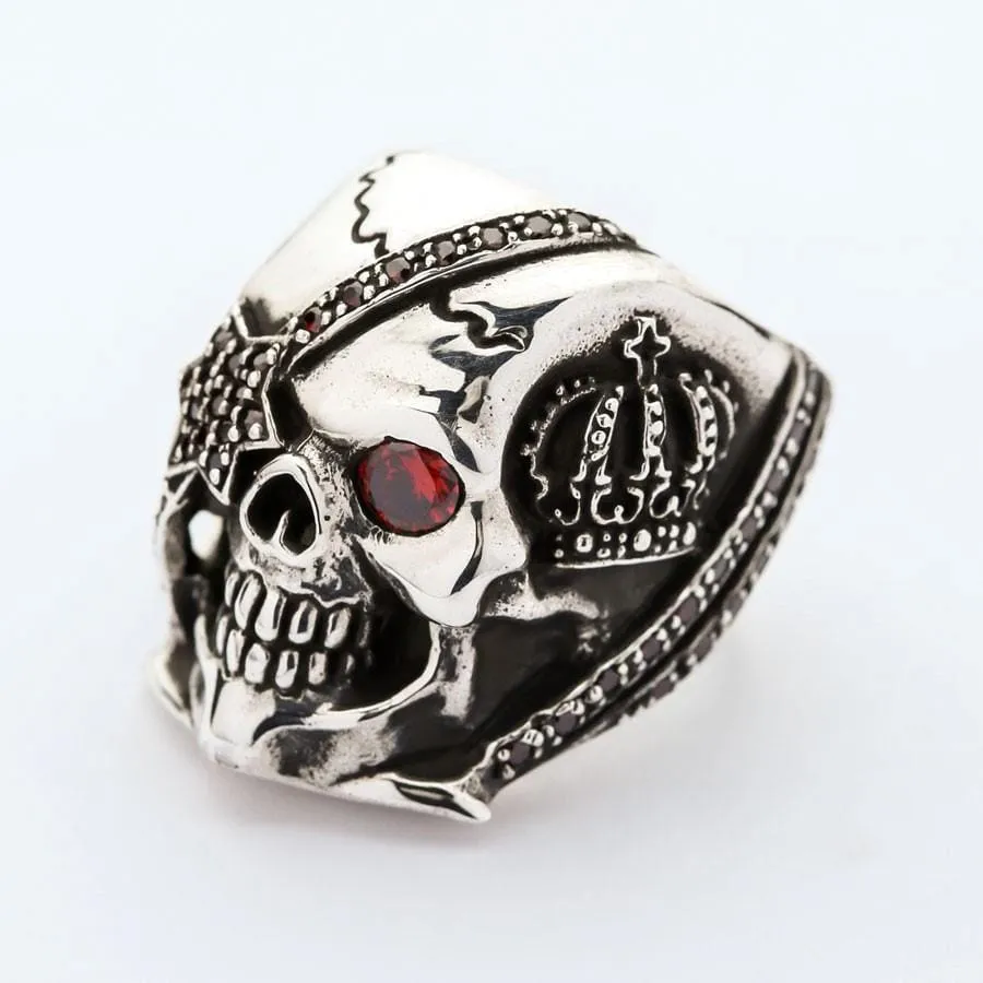 Sterling Silver Red Garnet Eye Crown Pirate Skull Ring
