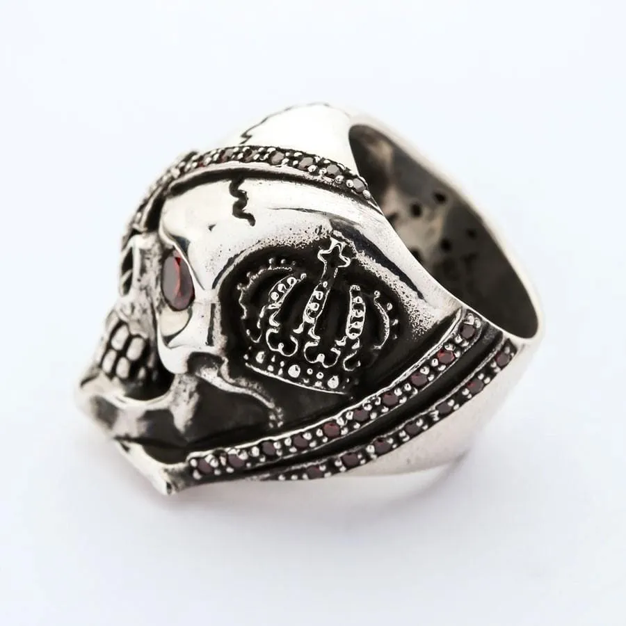 Sterling Silver Red Garnet Eye Crown Pirate Skull Ring