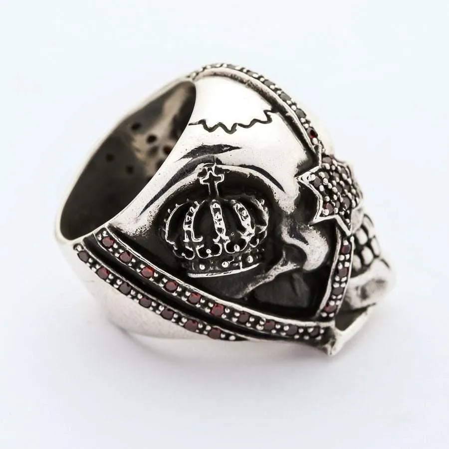Sterling Silver Red Garnet Eye Crown Pirate Skull Ring