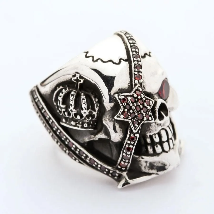 Sterling Silver Red Garnet Eye Crown Pirate Skull Ring