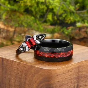 Stylish Red Garnet Accents Engagement Couple Rings Hammered Tungsten Matching Wedding Band For Men And Women