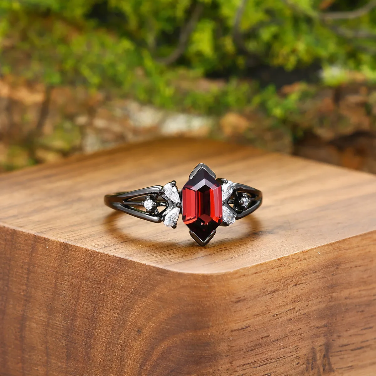 Stylish Red Garnet Accents Engagement Couple Rings Hammered Tungsten Matching Wedding Band For Men And Women