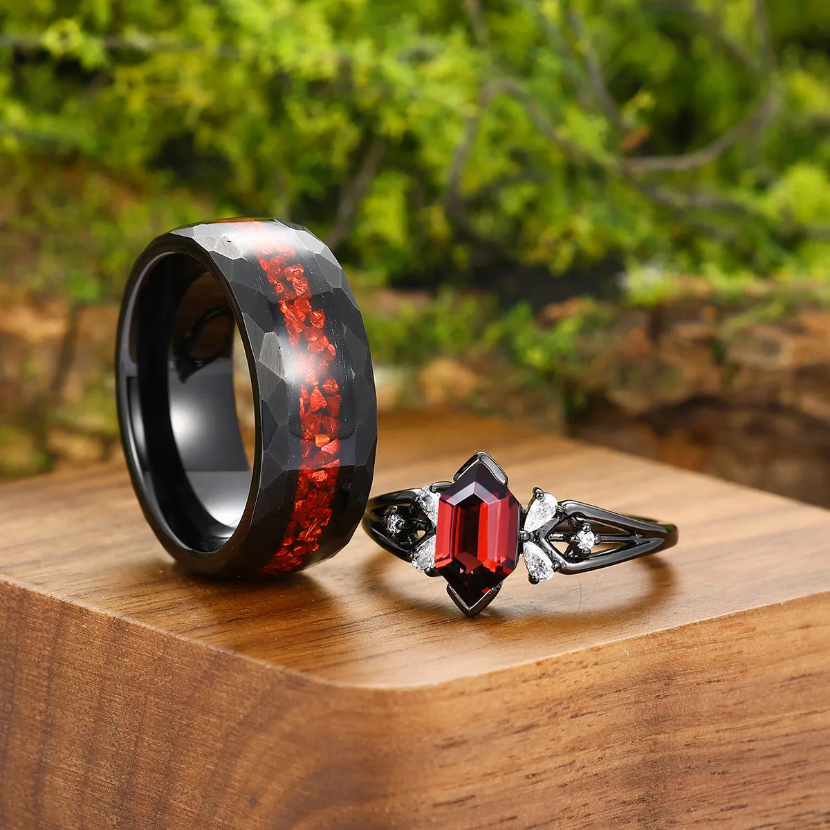 Stylish Red Garnet Accents Engagement Couple Rings Hammered Tungsten Matching Wedding Band For Men And Women