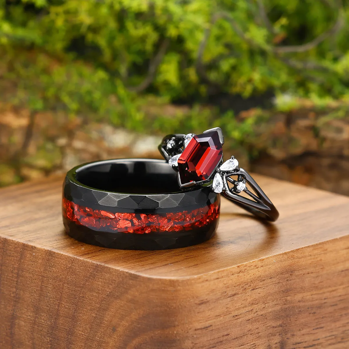 Stylish Red Garnet Accents Engagement Couple Rings Hammered Tungsten Matching Wedding Band For Men And Women