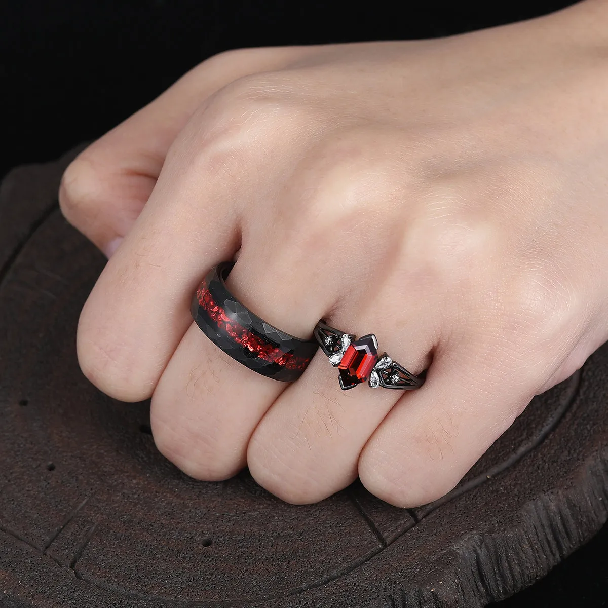 Stylish Red Garnet Accents Engagement Couple Rings Hammered Tungsten Matching Wedding Band For Men And Women