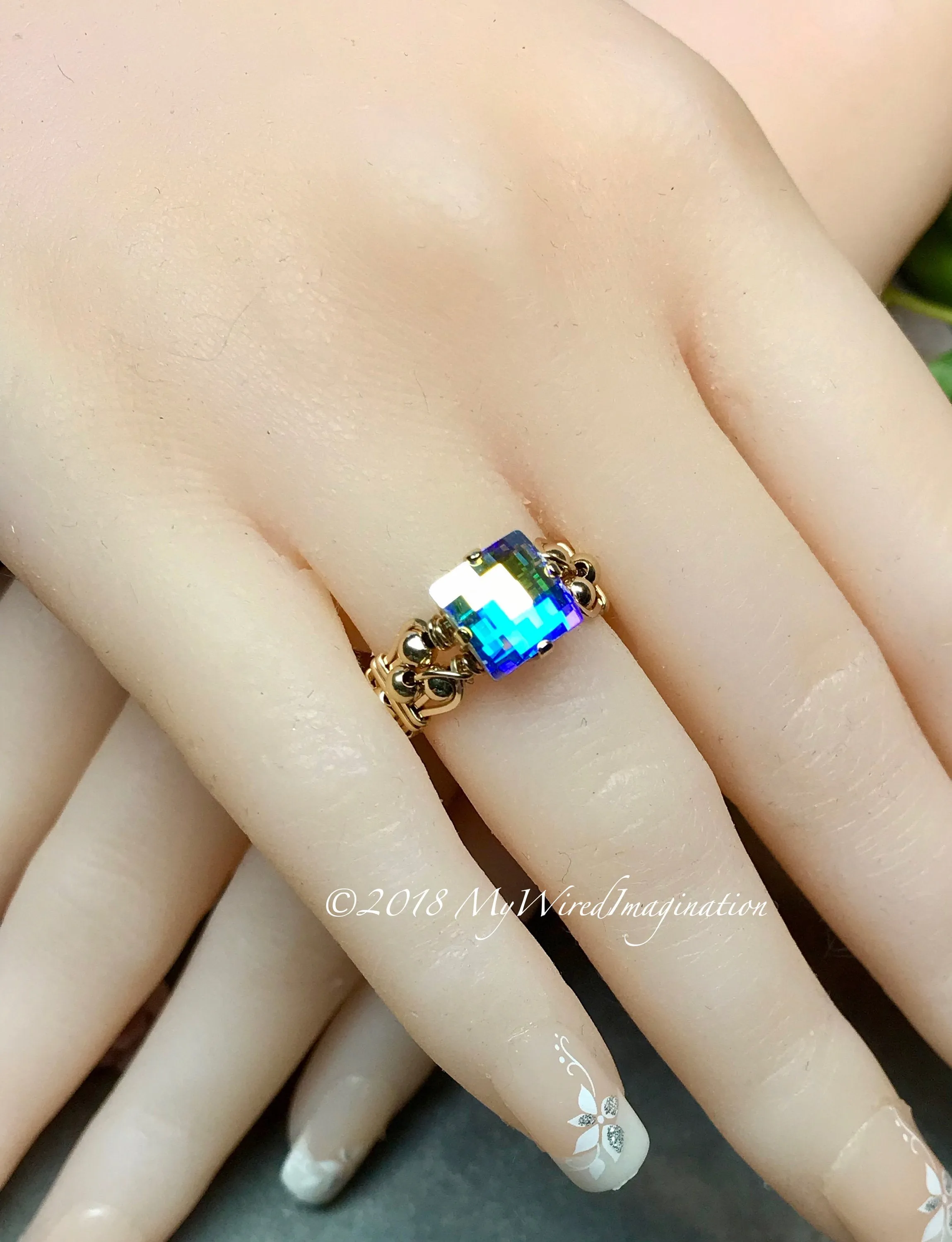 Swarovski Checkerboard Cut Crystal AB Handmade Ring, Vintage Crystal Handmade Ring