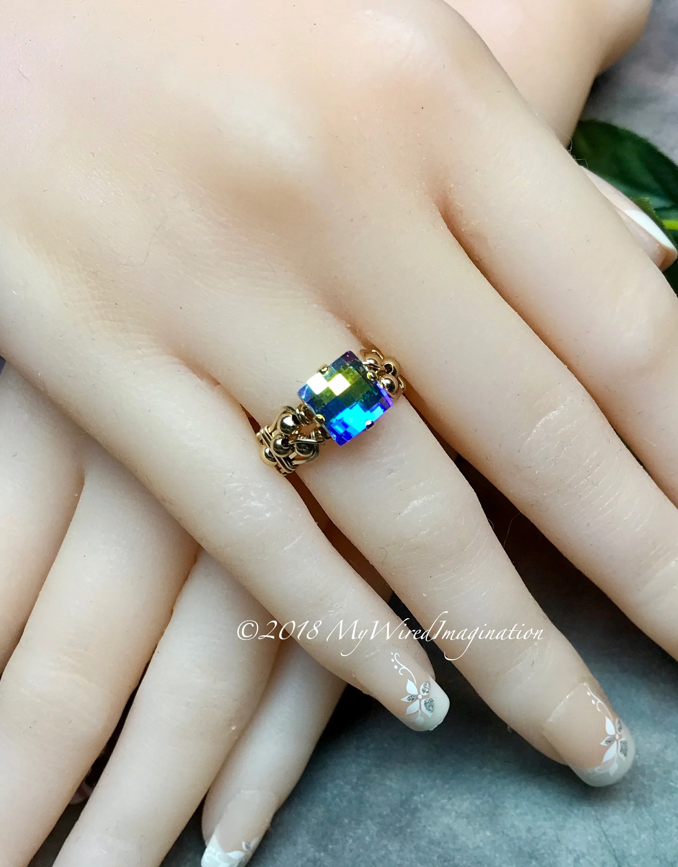 Swarovski Checkerboard Cut Crystal AB Handmade Ring, Vintage Crystal Handmade Ring