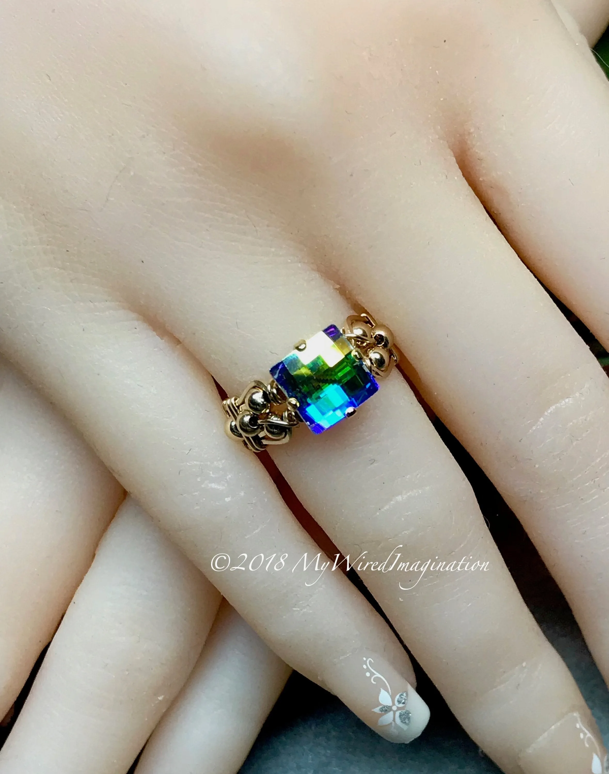 Swarovski Checkerboard Cut Crystal AB Handmade Ring, Vintage Crystal Handmade Ring