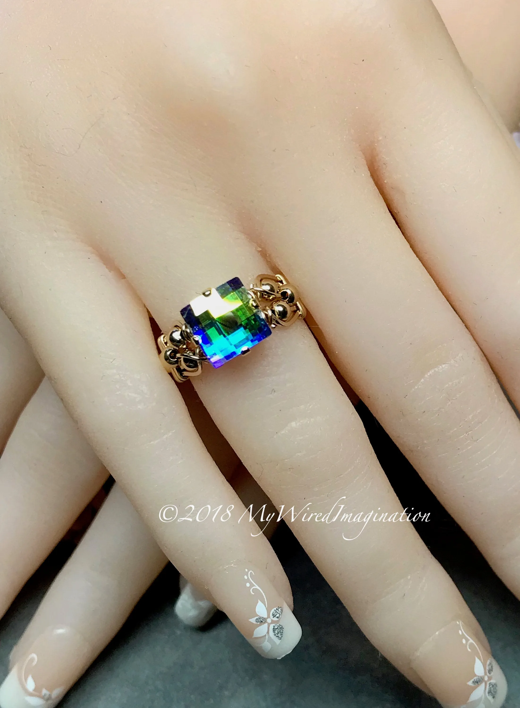 Swarovski Checkerboard Cut Crystal AB Handmade Ring, Vintage Crystal Handmade Ring