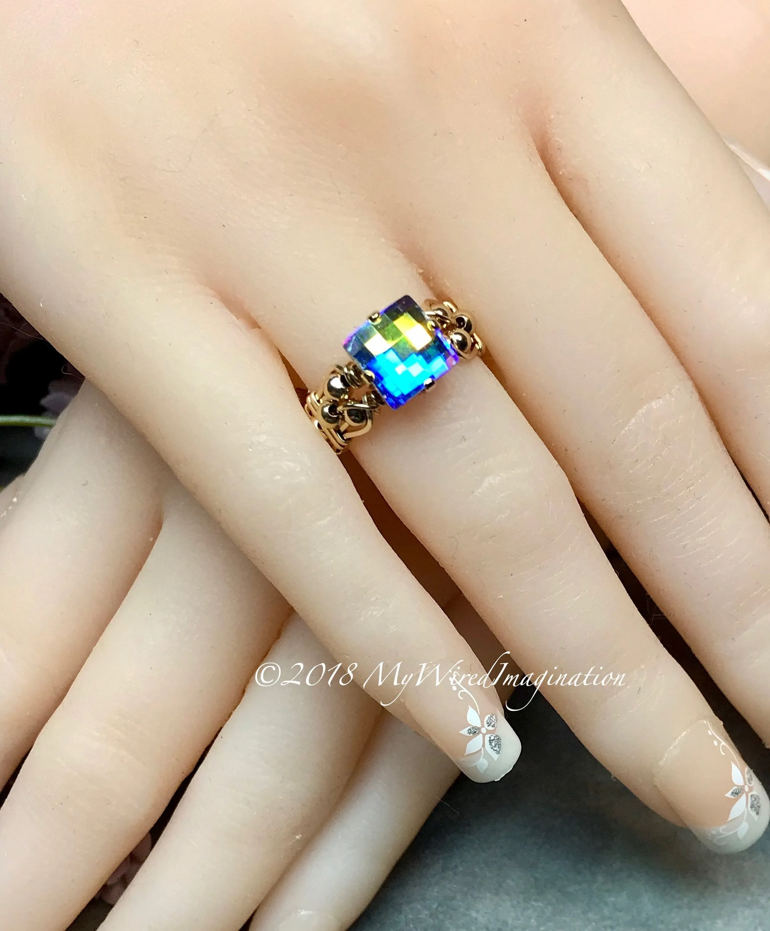 Swarovski Checkerboard Cut Crystal AB Handmade Ring, Vintage Crystal Handmade Ring