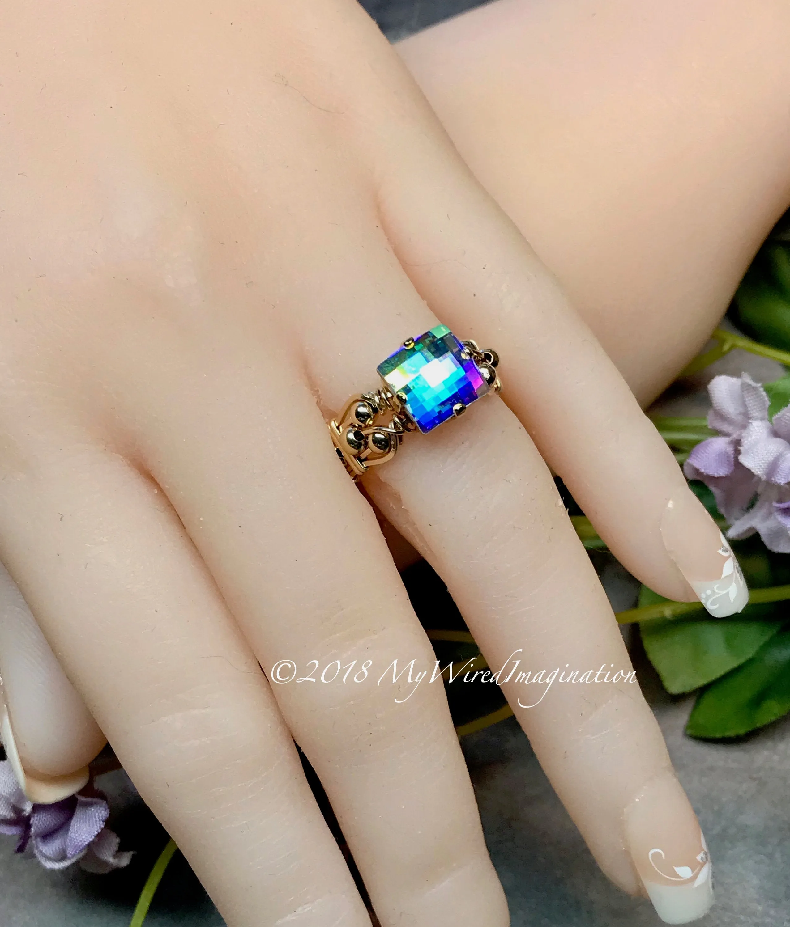 Swarovski Checkerboard Cut Crystal AB Handmade Ring, Vintage Crystal Handmade Ring