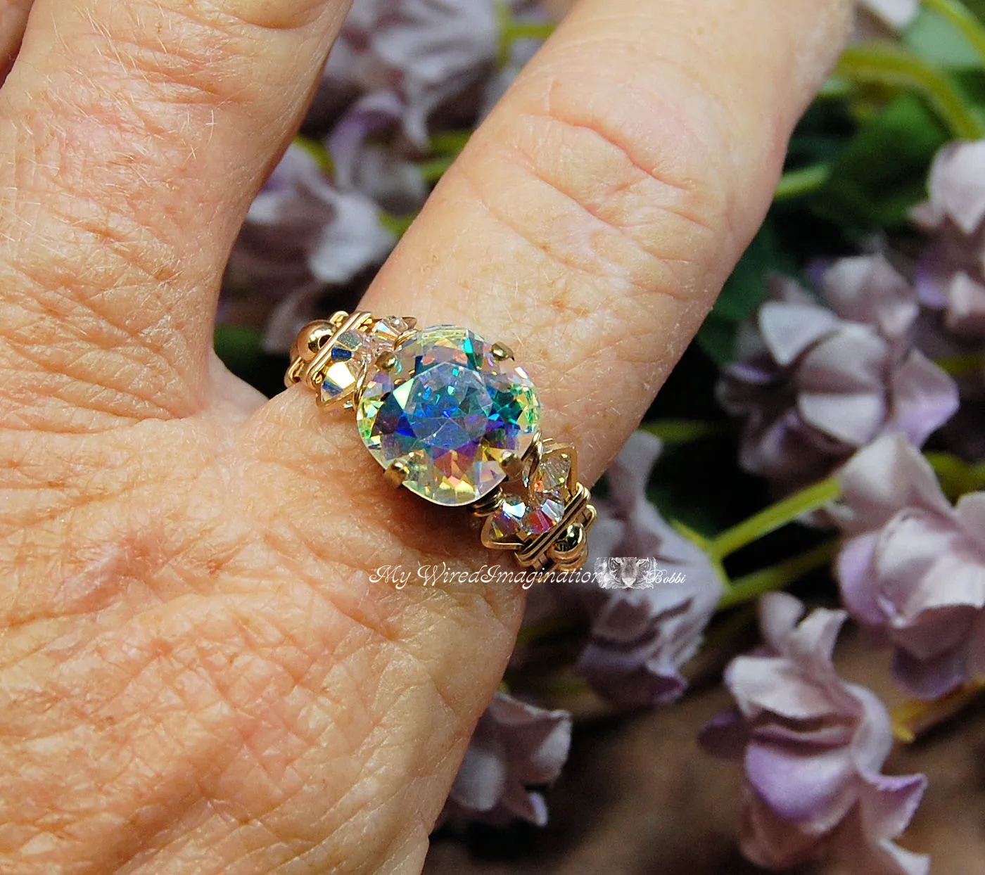 Swarovski Crystal AB, Handmade Ring, April Birthstone, GF US Size 11