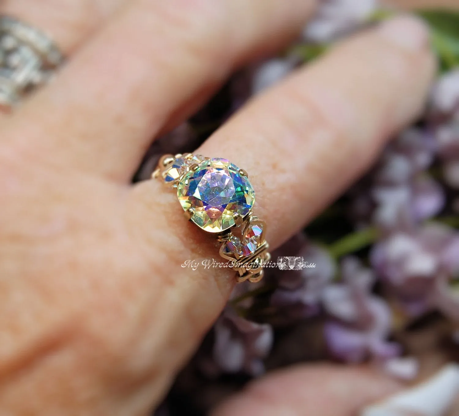 Swarovski Crystal AB, Handmade Ring, April Birthstone, GF US Size 11
