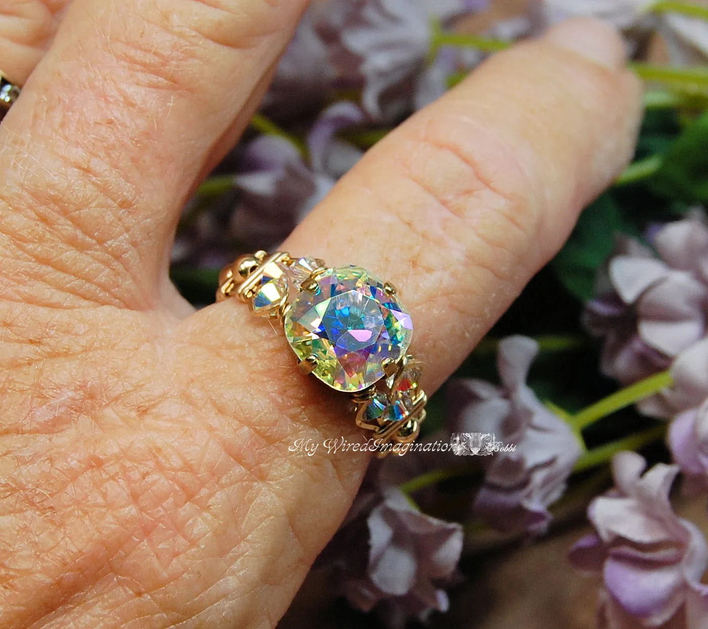 Swarovski Crystal AB, Handmade Ring, April Birthstone, GF US Size 11