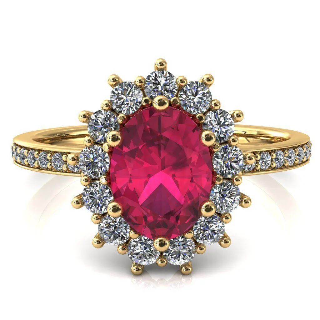 The Duchess Oval Ruby 6 Prong Diamond Cluster Halo Ring