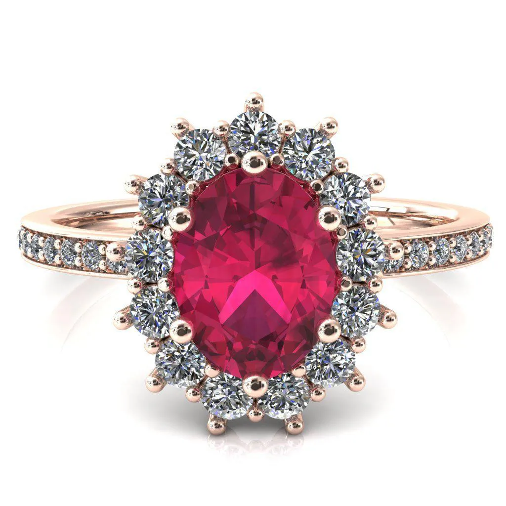 The Duchess Oval Ruby 6 Prong Diamond Cluster Halo Ring