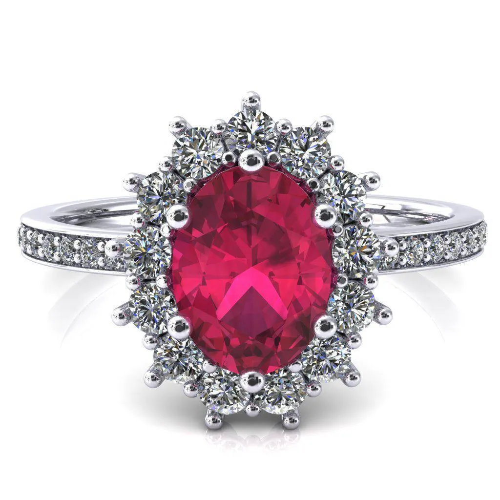 The Duchess Oval Ruby 6 Prong Diamond Cluster Halo Ring